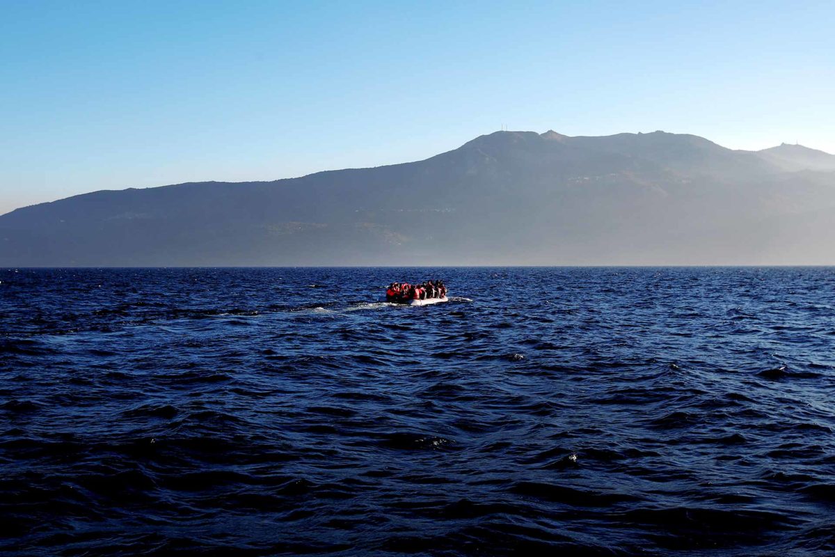 Boat of migrants crossing the Aegean Sea from Turkey to Greece