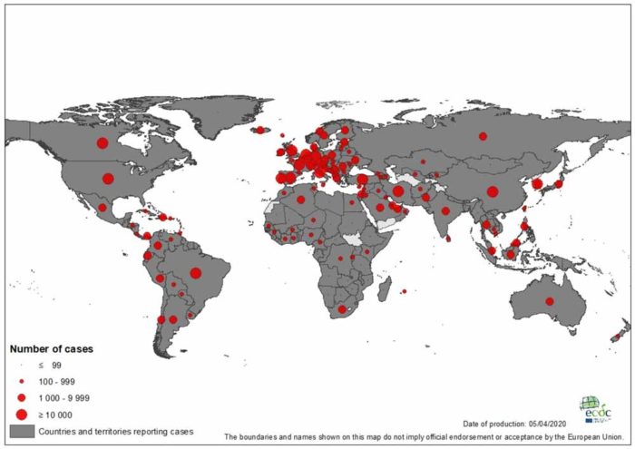 Geographic distribution of COVID-19 cases worldwide, as of 5 April 2020
