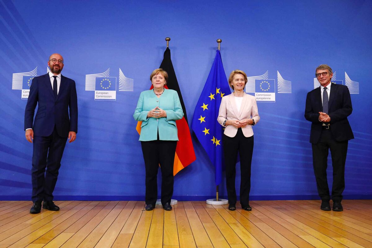 Council President Michel, Chancellor Merkel, Commissioner von der Leyen and Parliament President Sassoli: