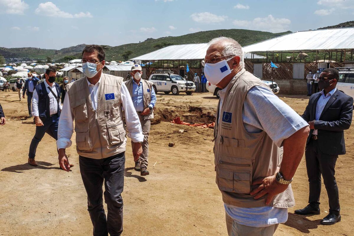 Josep Borrell, on the right, and Janez Lenarčič, on the left, during a visit to the Qoloji Camp for Internally Displaced People, Ethiopia