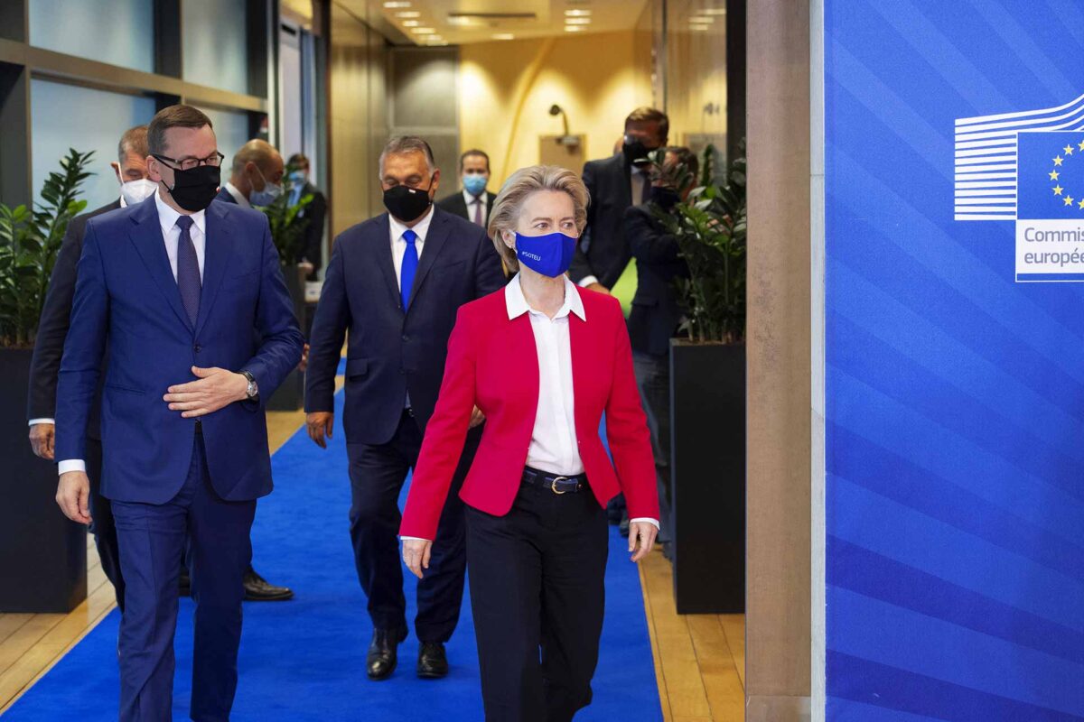 Mateusz Morawiecki, Viktor Orbán, and Ursula von der Leyen, in the foreground