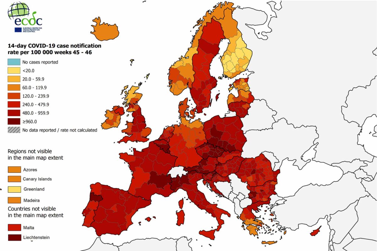 14-day COVID-19 case notification rate per 100 000, weeks 45-46