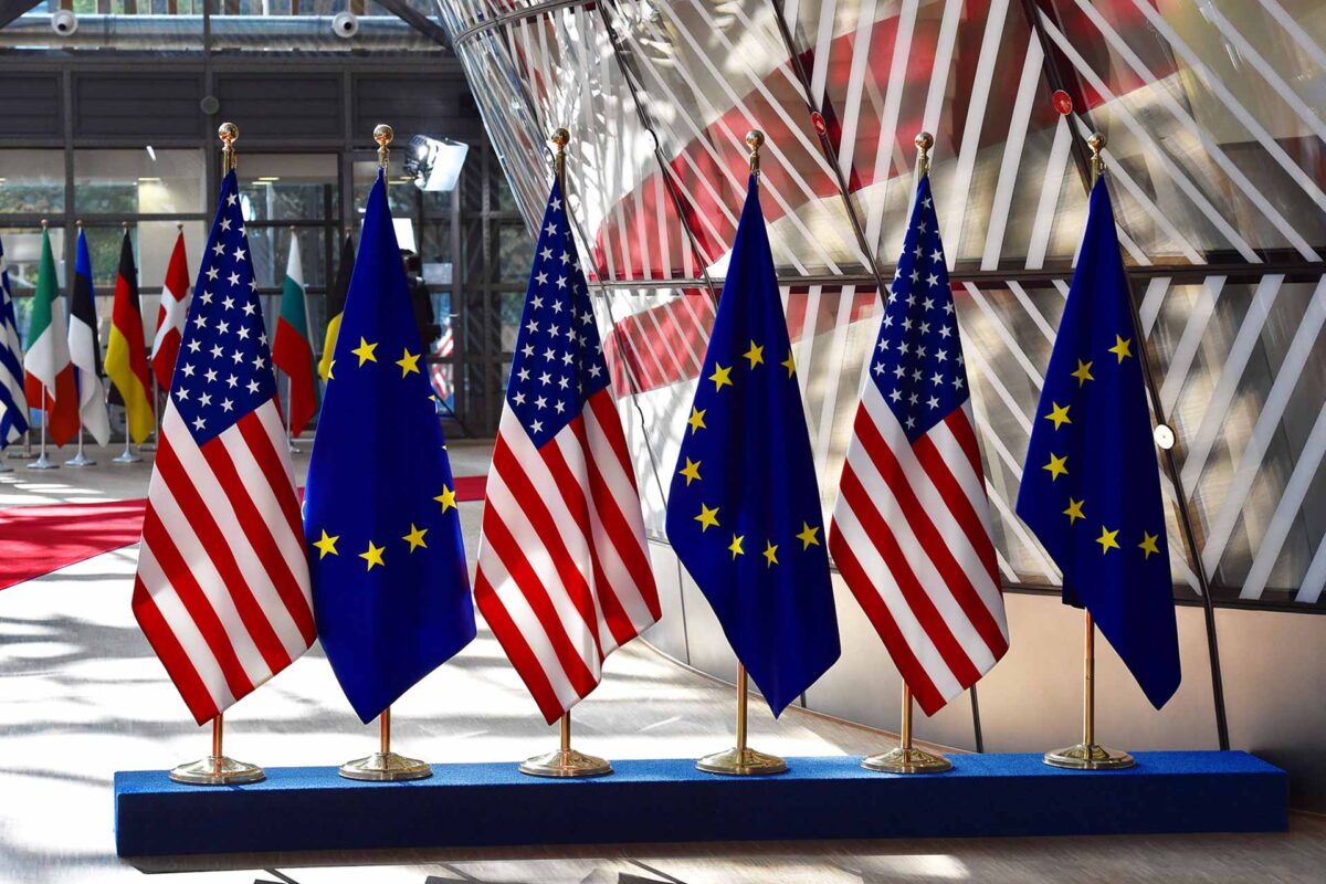 EU USA flags at the EUropean Council in Brussels