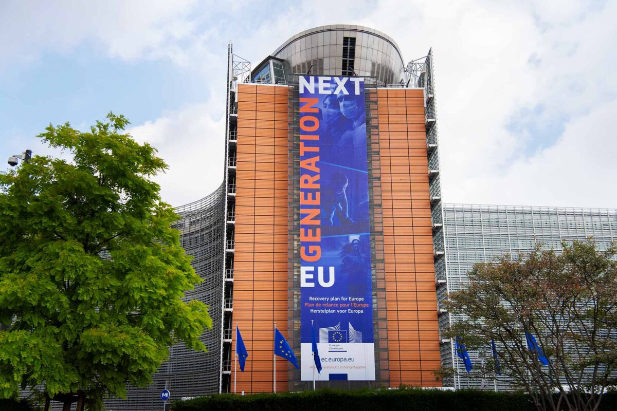 The banner -Recovery Plan for Europe- on the front of the Berlaymont building - MFF Budget and NextGenerationEU