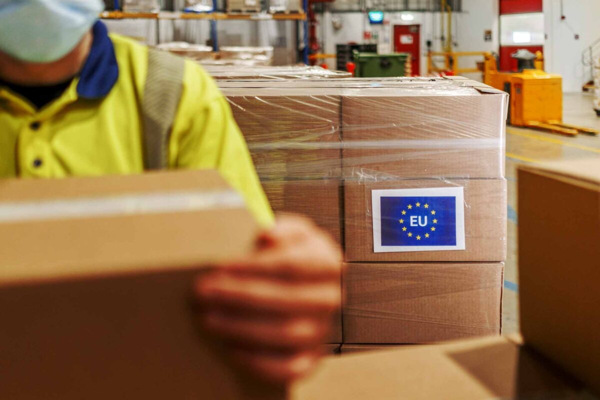 EU-logo on the boxes ready to be shipped