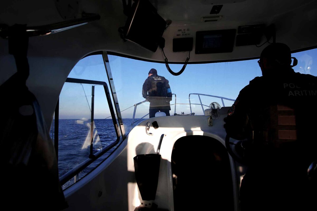 Frontex agency, during on a patrol on board in Greek island of Lesbos